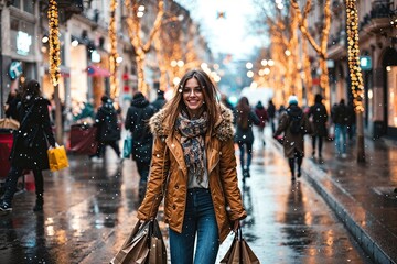 femme faisant ses achats de Noël dans les rues piétonnes et commerçantes d'un centre ville décoré pour les fêtes de fin d'année - obrazy, fototapety, plakaty