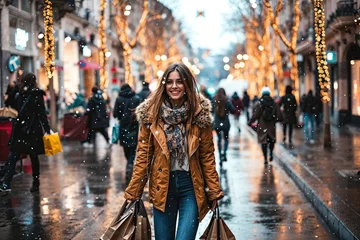 Deurstickers femme faisant ses achats de Noël dans les rues piétonnes et commerçantes d'un centre ville décoré pour les fêtes de fin d'année © Sébastien Jouve