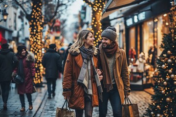 couple amoureux faisant ses achats de Noël dans les rues piétonnes et commerçantes d'un centre...