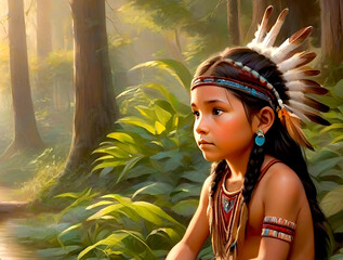 Portrait of a native american child in nature. Realistic illustration.