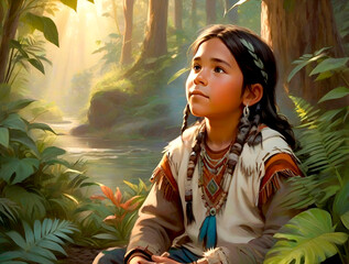 Portrait of a native american child in nature. Realistic illustration.