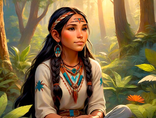 Portrait of a native american young woman in nature. Realistic illustration.