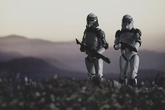 NEW YORK, USA: DEC 29 2023 - Star Wars clone troopers of the 104th Battalion Wolfpack - Hasbro and bootleg figures