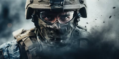Foto op Plexiglas Focused soldier in tactical gear amidst smoke during combat training. Military preparedness. © Postproduction