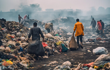 Waste pickers at work in a large urban landfill site