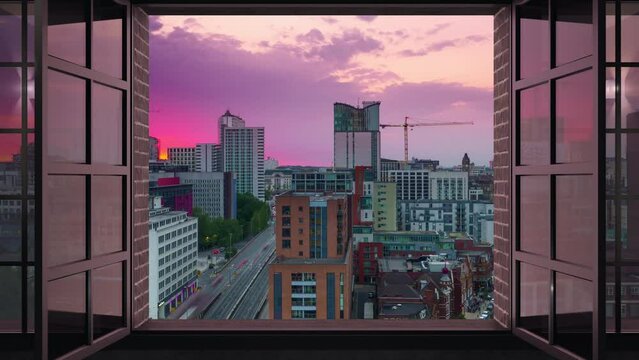 birmingham city skyline timelapse day to night seen from the window traffic running fast on the street