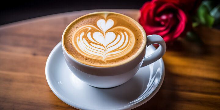 Artistic latte art in a white cup with a red rose on wooden table