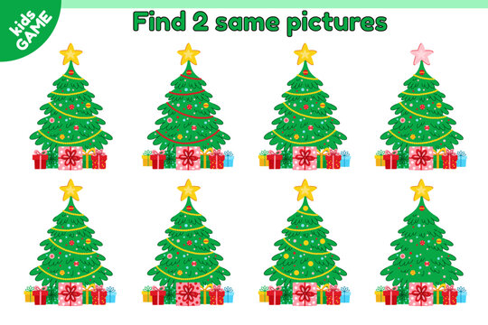 Educational kids game. Find 2 same picture with big Christmas tree. New Year spruce with gifts decorated star and Xmas tree decorations. Puzzle for children. Holiday winter activity book. Vector.
