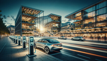 modern electric vehicle charging station in European city green future vision sustainable dynamic...