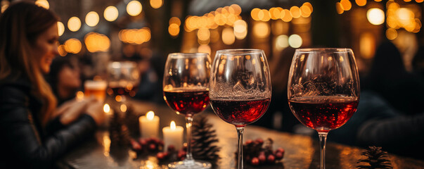 Friends drinking delicious mulled wine at party. Shot of a group of cheerful friends having fun and enjoying hot drink on the Christmas market at an evening party. created by ai