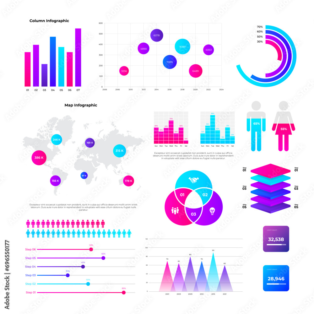 Poster infographic elements collection. column, bubble charts, cycle diagrams, map and other abstract eleme