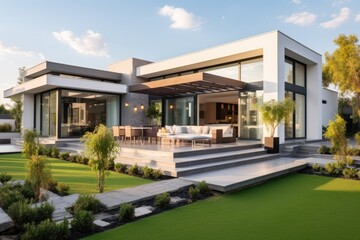 Modern house with large windows and terrace - obrazy, fototapety, plakaty