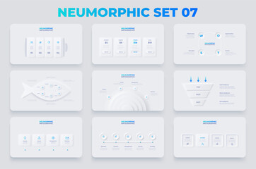 Neumorphism infographics elements set with 3, 4 and 5 options. Battery, funnel, fishbone and SWOT diagram