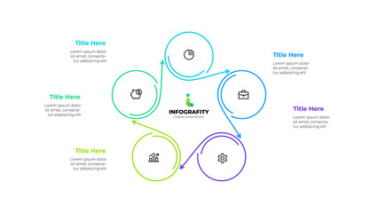 Infographic element of cycle diagram template with 5 circles and icons. Linear vector illustration for business progress performance