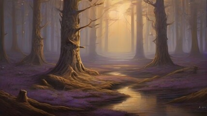 Spooky dark foggy forest with a sunset