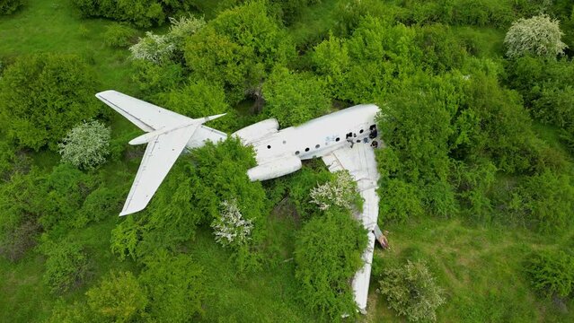 Drone view over an abandoned Tu-134 aircraft near the city of Rzgrad