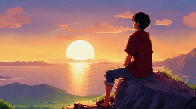 An alone boy sitting on the beach at sunset time,Seamless 4K lofi looping animation video.