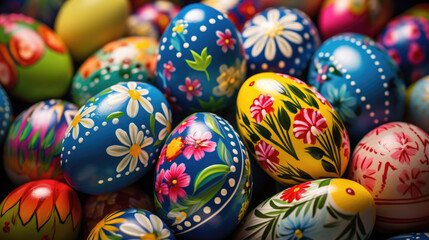 Collection of colorful Easter eggs, each decorated with various patterns and designs, symbolizing the festive spirit of the Easter holiday.
