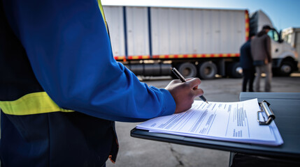 Close-up of a person's hand holding a pen and writing on a clipboard, wearing a safety reflective vest, with a delivery vehicle in the background.