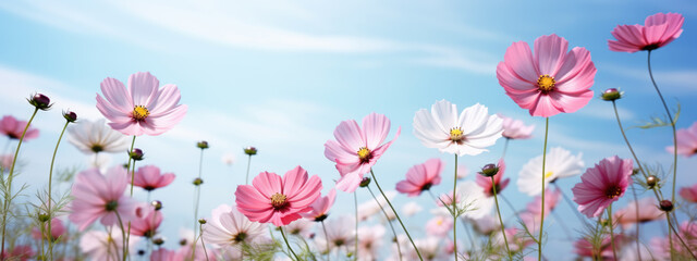 Field of pink flowers is in bloom under a clear blue sky