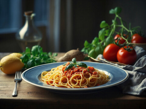 Espaguetis, plato de pasta fresca en cocina con decoraci&oacute;n mediterr&aacute;nea