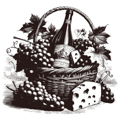 Highly detailed vector illustration of a wine bottle, cheese and a basket of grapes - 696551191