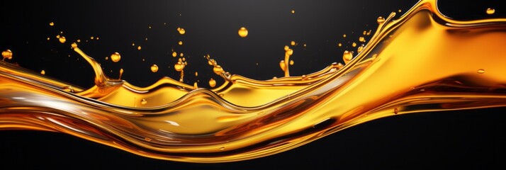 Splash of orange liquid oil on dark background, cosmetics or products concept, banner