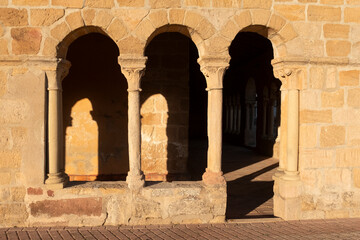 Porticoed atrium. Rural Romanesque church. Saúca, Guadalajara (Castilla-La Mancha), Spain. - 696551561