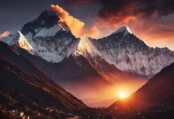 Papier Peint photo Himalaya Sunset view of the Himalayas - Beautiful and dramatic sky with the peaks of the mountain rage rising above the rolling