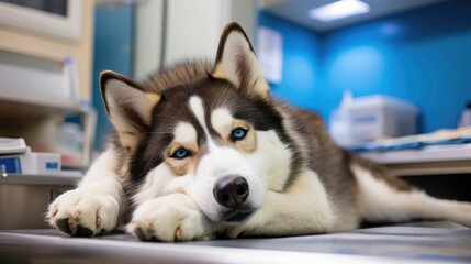 Photo of a blue-eyed Siberian husky dog in a veterinary clinic with a veterinarian