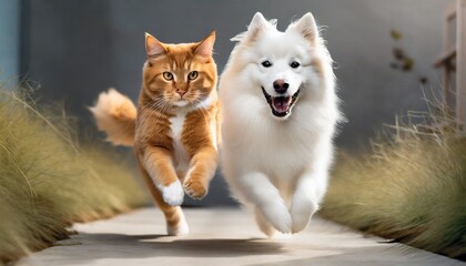 adorable furry animal duo running happily cute orange shorthair cat and samoyed dog trotting toward camera abstract canine and feline joy homeward bound - obrazy, fototapety, plakaty