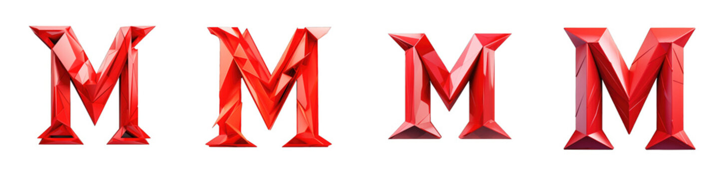 Red colored geometric polygonal alphabet, logotype, letter M isolated on a transparent background