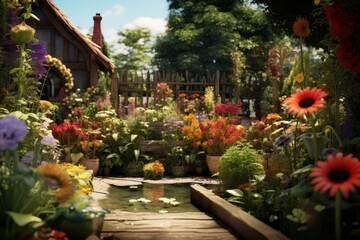 Fototapeta na wymiar Beautiful garden with blooming summer flowers in the garden, flowers in pots near the house