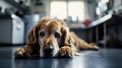 Photo of an old Golden Retriever dog in a veterinary clinic