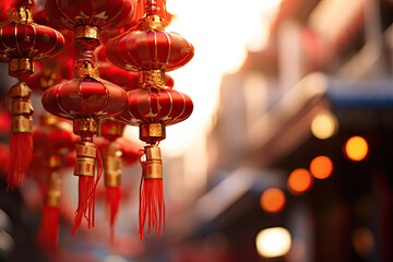 chinese new year lantern in street - obrazy, fototapety, plakaty