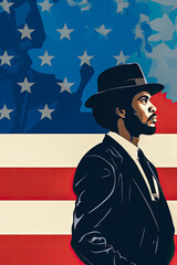 black history month copy space, a man with hat on a USA flag background