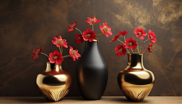 3d render black and gold vases with red flowers and dark brown background digital art for wall decor