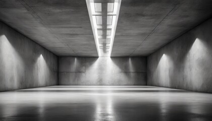 abstract empty modern concrete room with cross shaped light stripes in the ceiling and rough floor...