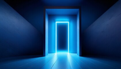 3d render abstract minimalist blue geometric background bright neon light doorway portal glowing in the dark