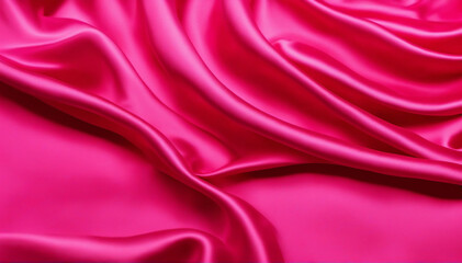 Vibrant Magenta Silk Satin Texture. 2023 Trendy Color. Elegant Draped Material for Design Background. Top View Flat Lay. Template.