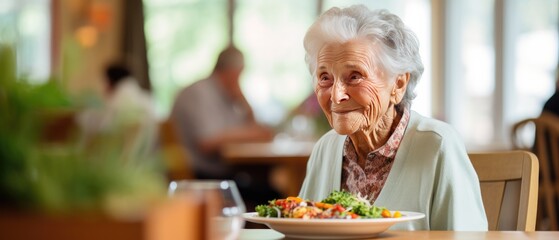 Elderly woman smiling at table with healthy meal in senior care facility. Nutrition for aging adults.