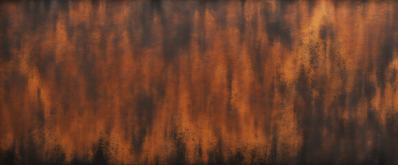 Rusty Metallic Texture Background - Close-up View of Rough Rust-Colored Metal Surface with Dark Grunge Look, Perfect for Web Banner Design with Wide Panoramic Layout and Space for Artwork.