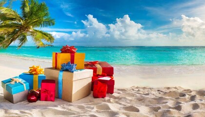 gift boxes on a tropical beach as panorama background - obrazy, fototapety, plakaty