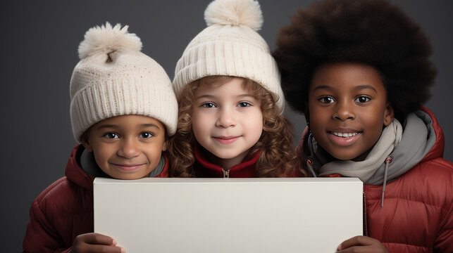 Three cheerful children, two boys and girl, wear white knitted winter hats and holding horizontal empty canvas for personalized message or image. Copy space., banner format. Christmas concept.