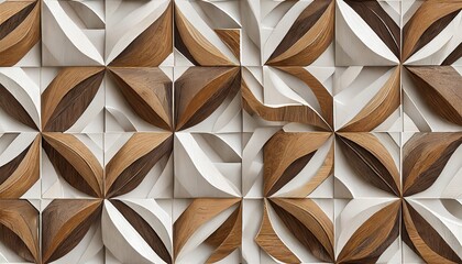 3d wallpaper in the form of imitation of decorative mosaic of white and brown details and wood decor elements high quality seamless realistic texture