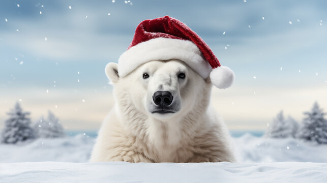 Close up portrait of polar bear in Santa hat with a winter landscape. Creative animal concept. Copy space., banner format. Christmas concept.