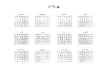 2024 calendar planner. Corporate week. Template layout, 12 months yearly, white background. Simple design for business brochure, flyer, print media, advertisement. Week starts from Monday - obrazy, fototapety, plakaty