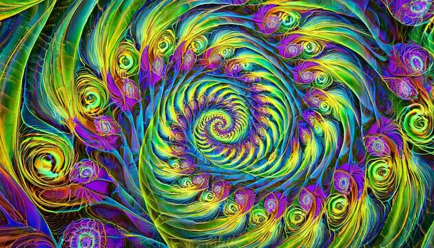 psychedelic swirl an abstract fractal image with a psychedelic spiral design in blue yellow violet and green