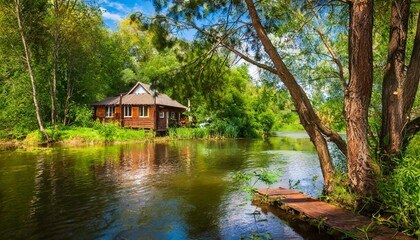 summer landscape a house in the forest by the river