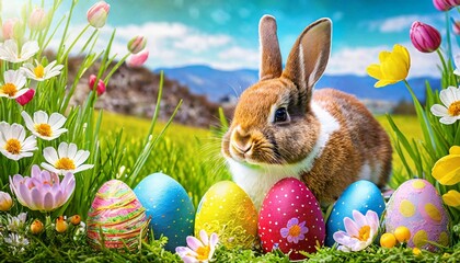 cute easter bunny with colorful easter eggs in a beautiful easter scene in widescreen format in...